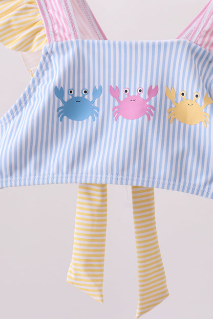 Colorblock Crab Embroidery Ruffle 2pc Swimsuit