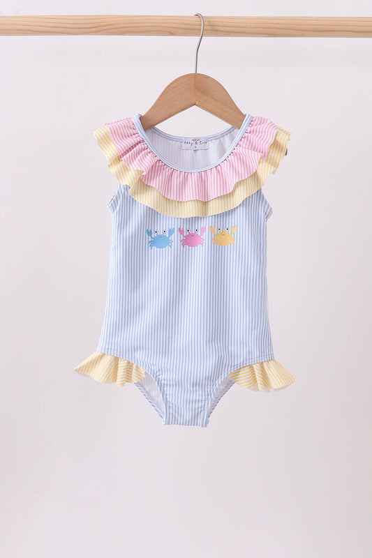 Colorblock Crab Embroidery Ruffle Swimsuit
