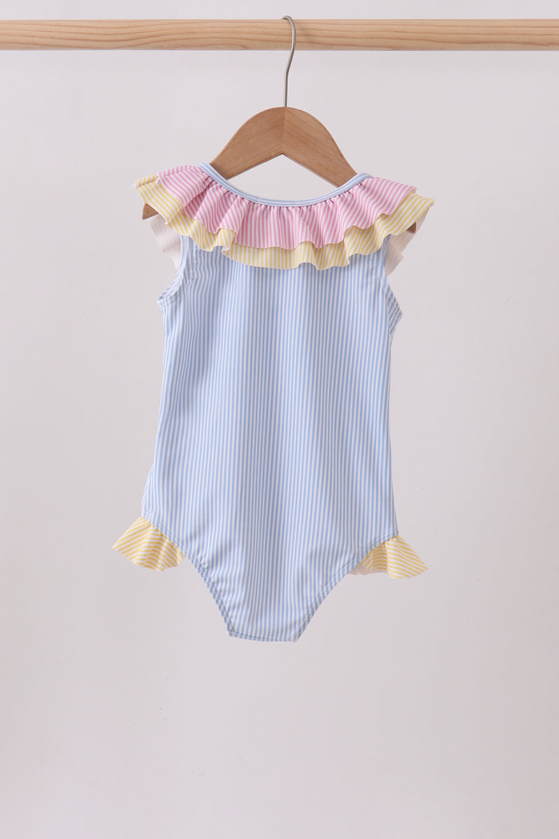 Colorblock Crab Embroidery Ruffle Swimsuit
