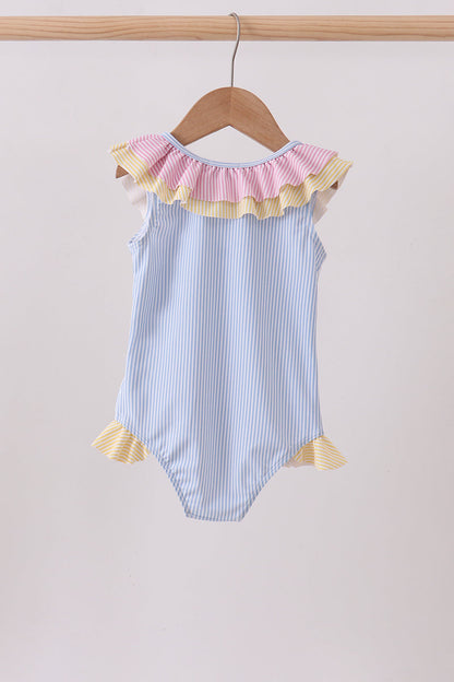 Colorblock Crab Embroidery Ruffle Swimsuit