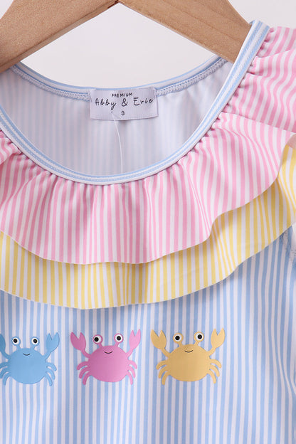 Colorblock Crab Embroidery Ruffle Swimsuit